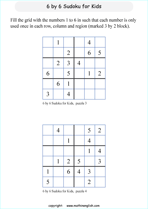 printable 6 by 6 sudoky puzzle for kids