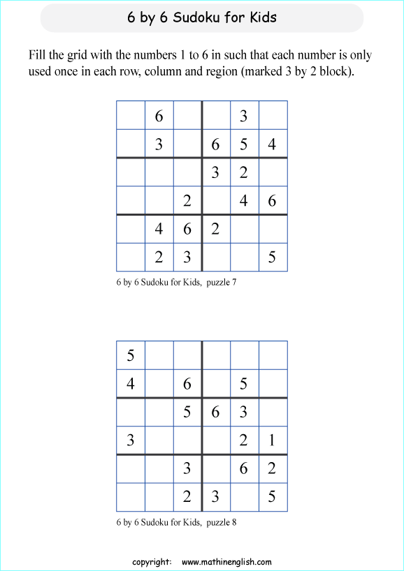 printable 6 by 6 sudoky puzzle for kids
