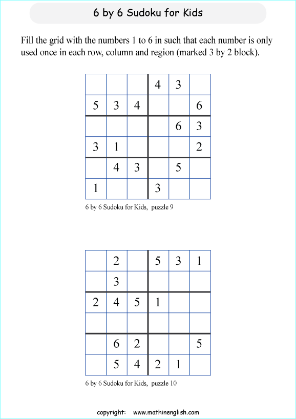 printable 6 by 6 sudoky puzzle for kids