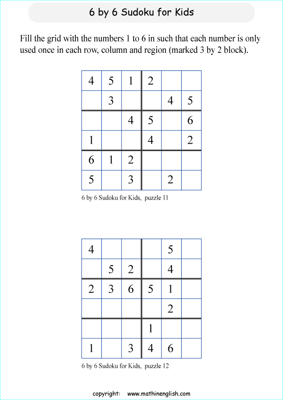 printable 6 by 6 sudoky puzzle for kids