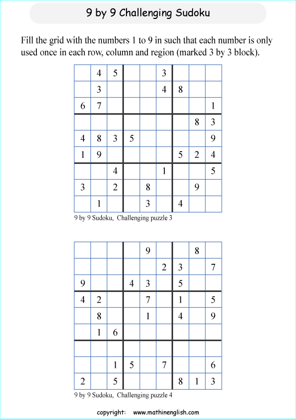 challenging 9 by 9 printable sudoky puzzle for kids