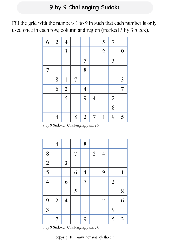 challenging 9 by 9 printable sudoky puzzle for kids