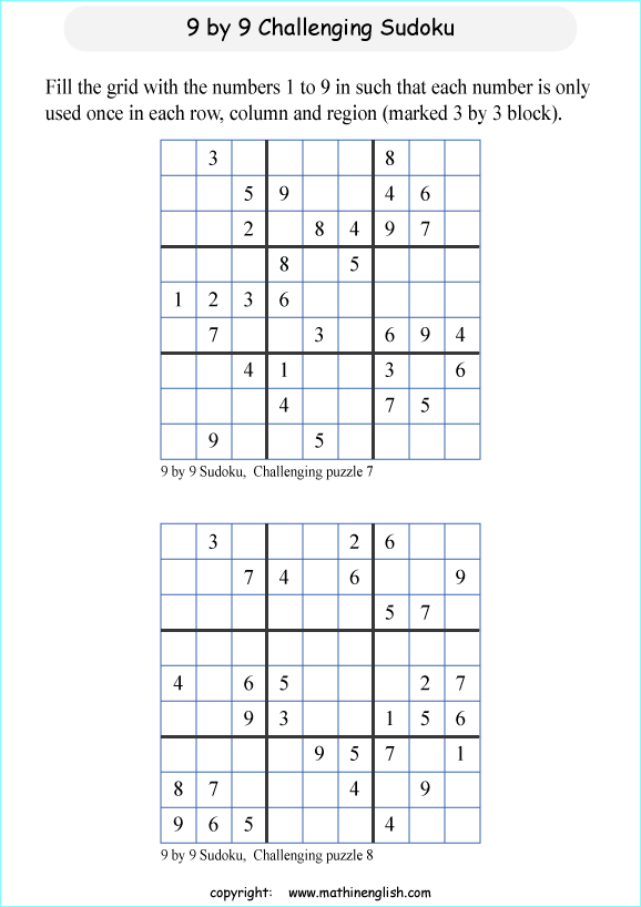challenging 9 by 9 printable sudoky puzzle for kids