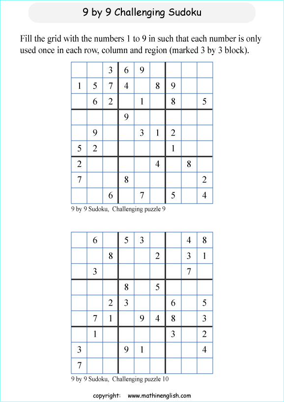 challenging 9 by 9 printable sudoky puzzle for kids