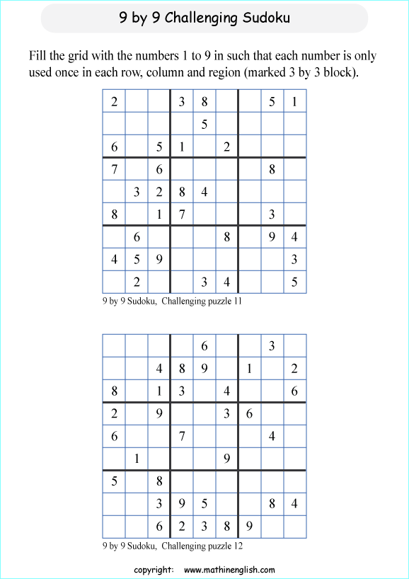 challenging 9 by 9 printable sudoky puzzle for kids