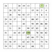 printable 10 by 10 Hidato logic IQ puzzle for kids