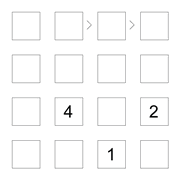 printable 4 by 4 More or Less math Sudoku for children