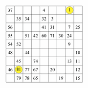 printable 9 by 9 Hidato logic IQ puzzle for kids