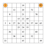 printable 9 by 9 Numbrix IQ number puzzle for kids