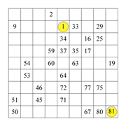 printable 9 by 9 Hidato logic IQ puzzle for kids