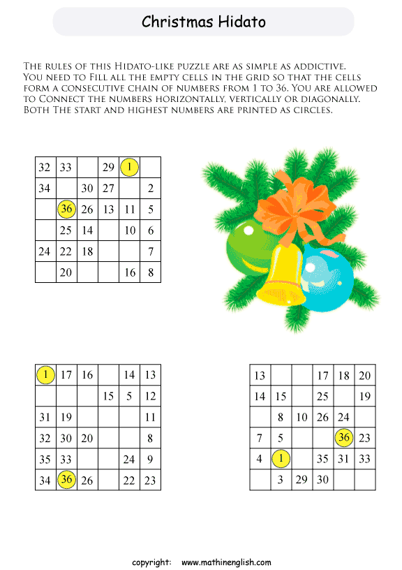 Printable Christmas Hidato puzzles for kids and math students.