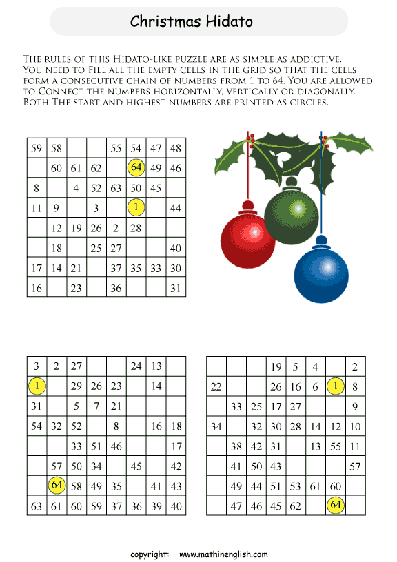 Printable Christmas Hidato puzzles for kids and math students.