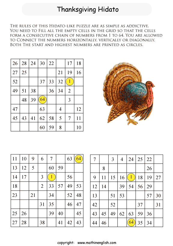 Printable Thanksgiving Hidato puzzles for kids and math students.