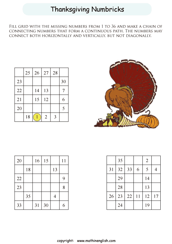 printable thanksgiving numbrix puzzles for kids and math