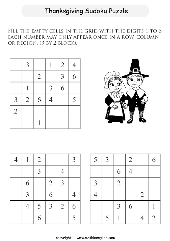 Printable Thanksgiving Sudoku puzzles for kids and math students.