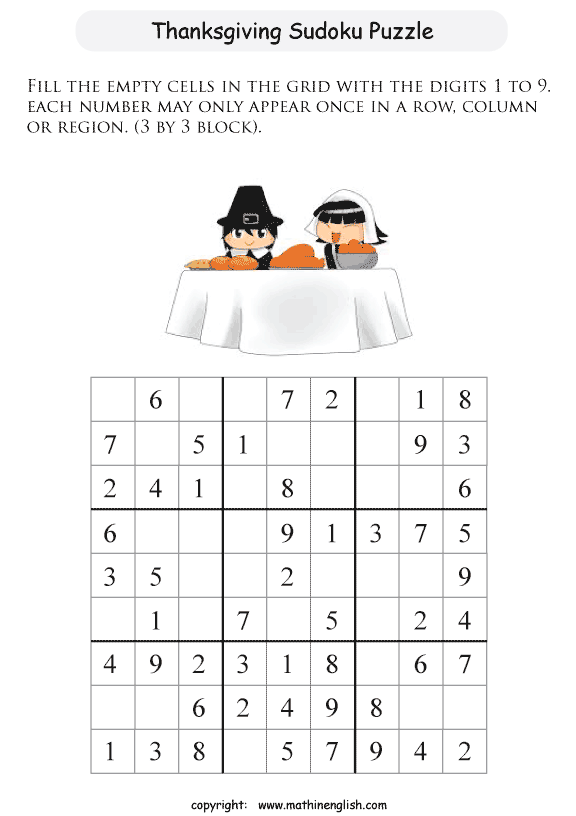 Printable Thanksgiving Sudoku puzzles for kids and math students.