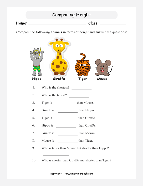 Comparing Length Worksheets Grade 1