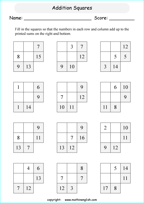 printable math addition squares worksheets