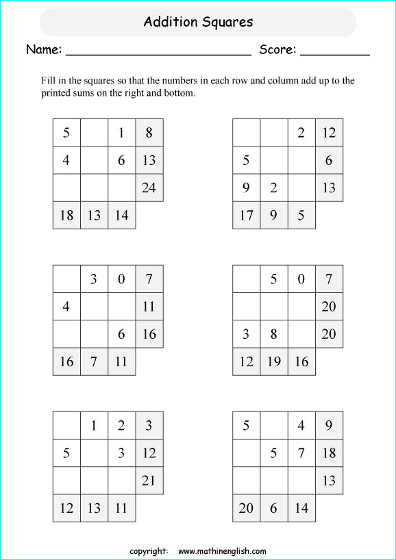 printable math addition squares worksheets