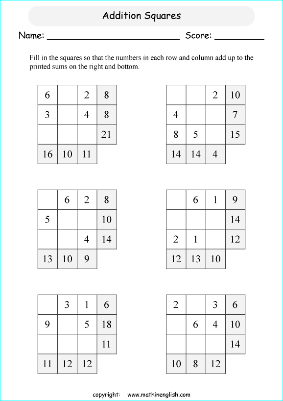 printable math addition squares worksheets