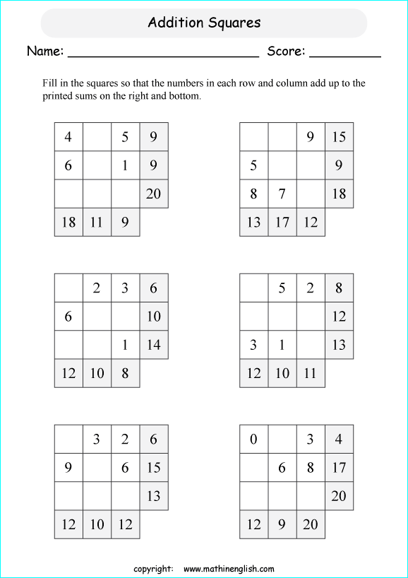 printable math addition squares worksheets