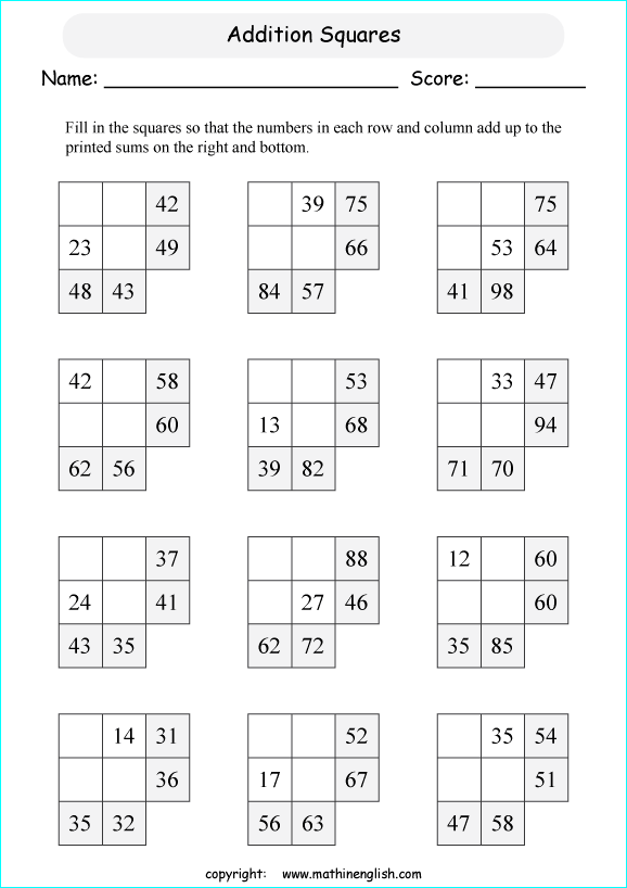 printable math addition squares worksheets