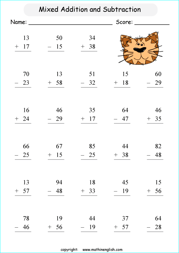 mixed addition and subtraction 2 digit numbers printable grade 1 math