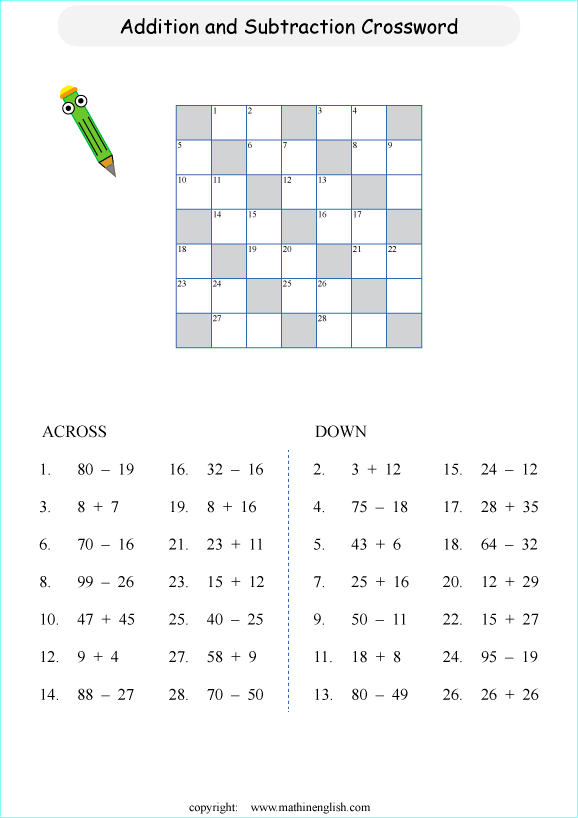 printable math addition crosswords worksheets