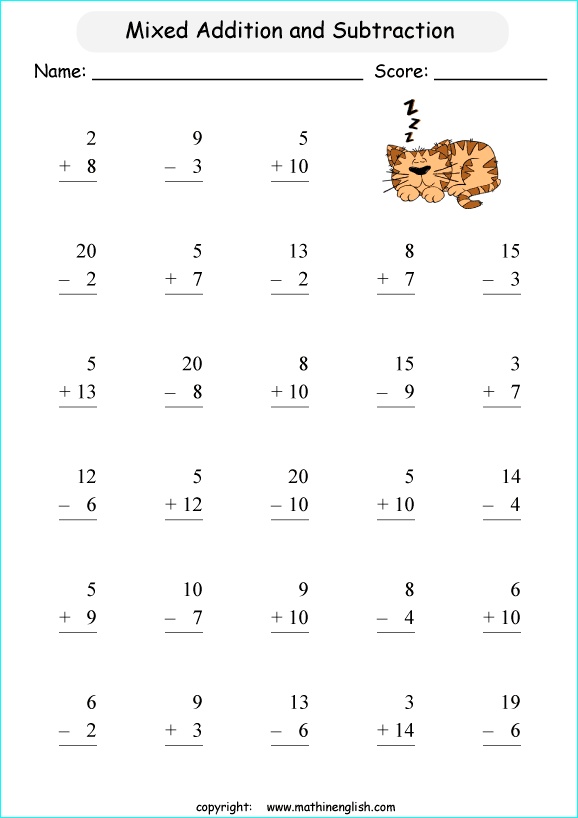 printable math addition subtraction mixed worksheets