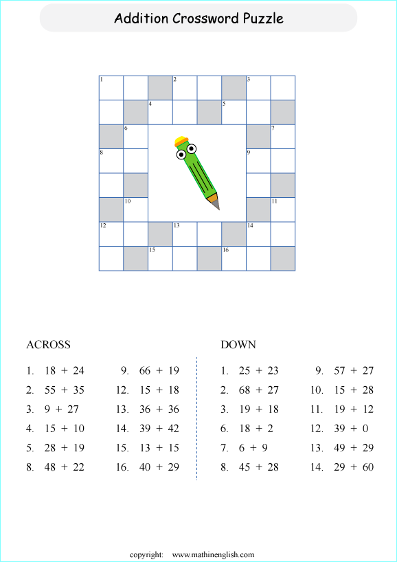 printable math addition crosswords worksheets