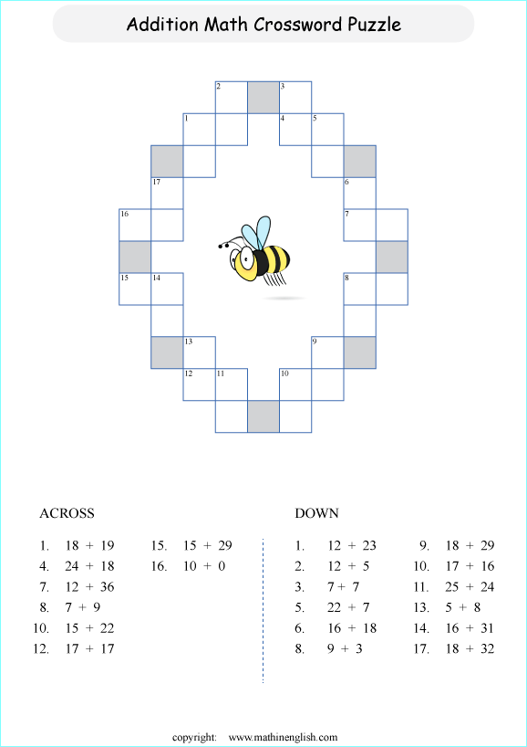 printable math addition crosswords worksheets