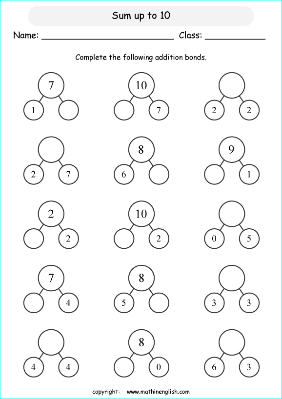 printable math addition number bonds worksheets