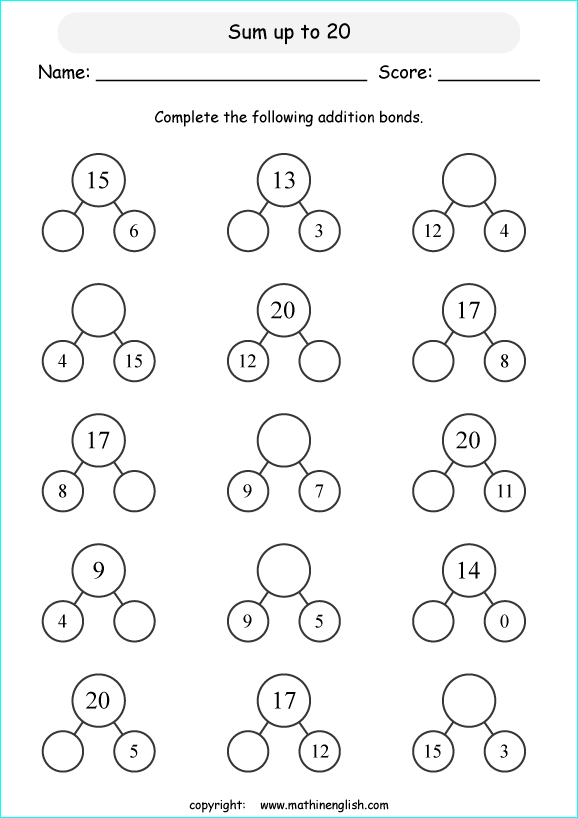 printable math addition number bonds worksheets