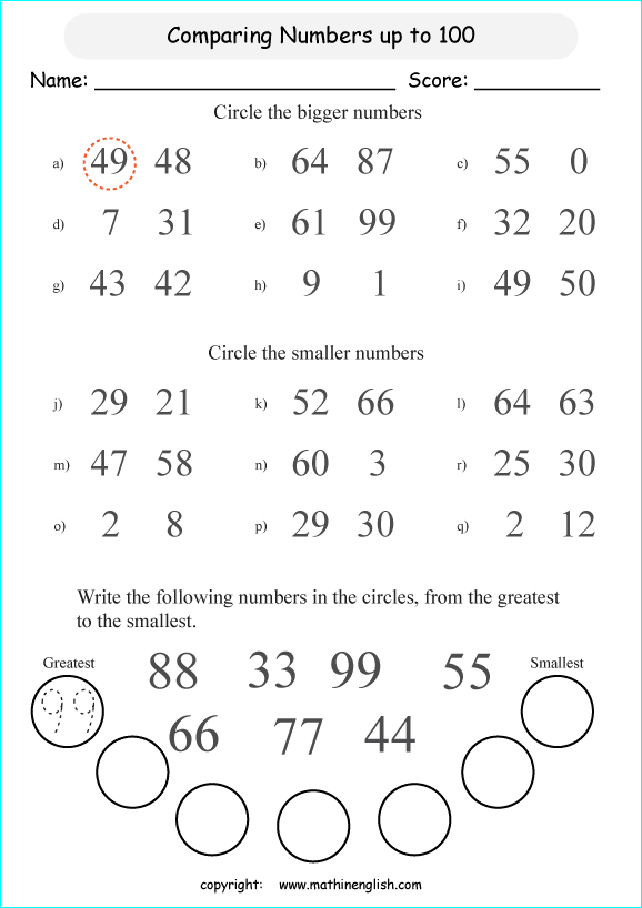 printable math comparing and ordering up to 100 worksheets for kids in primary and elementary math class 