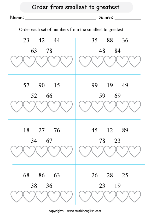 printable math comparing and ordering up to 100 worksheets for kids in primary and elementary math class 