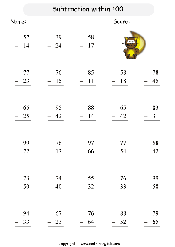 printable math 2 digit subtraction worksheets for kids in primary and elementary math class 