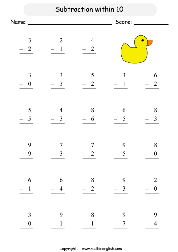 printable math single digit subtraction worksheets for kids in primary and elementary math class 