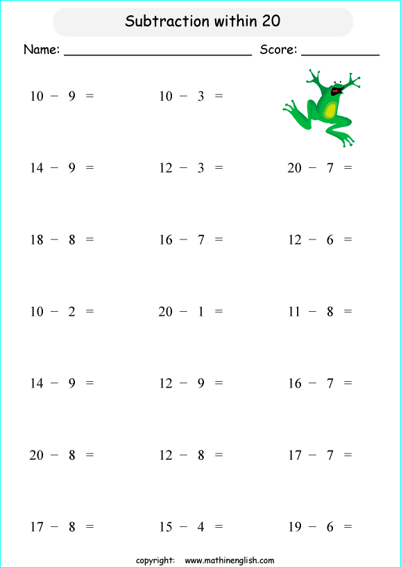 horizontal subtraction printable grade 1 math worksheet