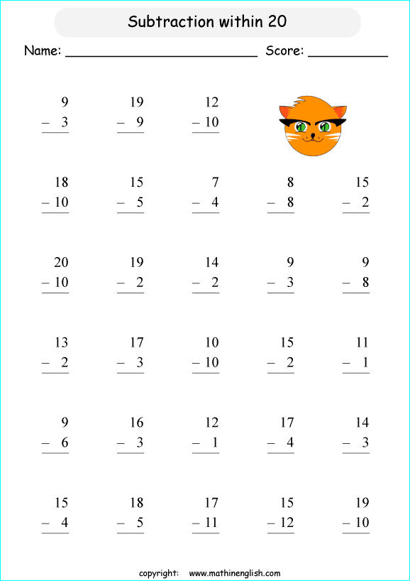 printable math single digit subtraction worksheets for kids in primary and elementary math class 