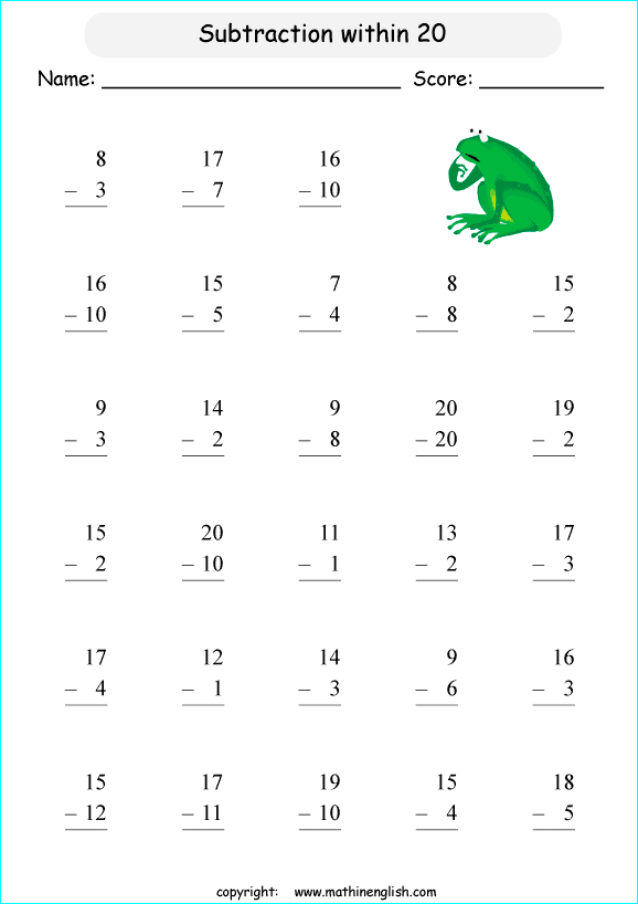 printable math single digit subtraction worksheets for kids in primary and elementary math class 