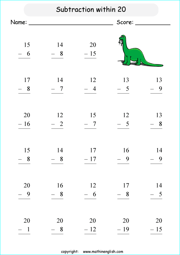 printable math single digit subtraction worksheets for kids in primary and elementary math class 