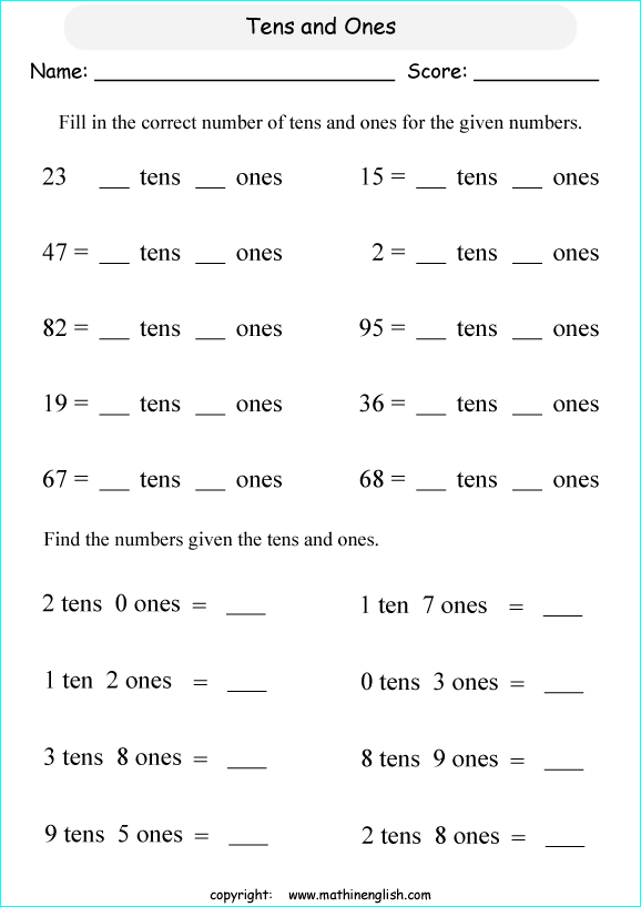 Tens And Ones Worksheets Grade 1 Preschool Worksheet Gallery