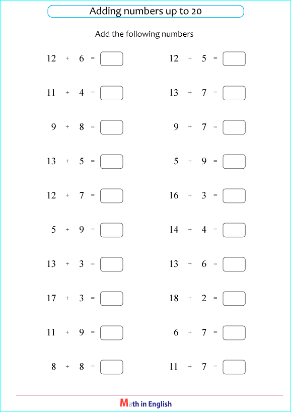 basic addition sums up to 20