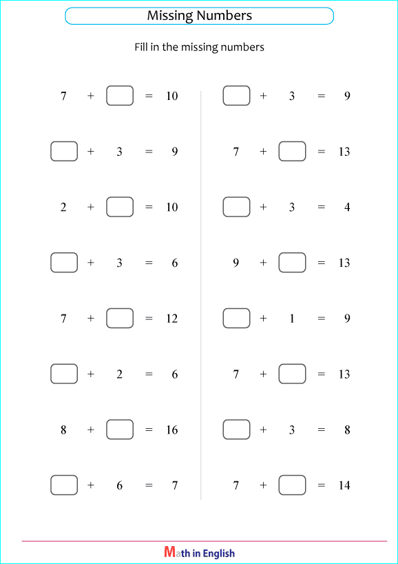 missing addition numbers worksheet