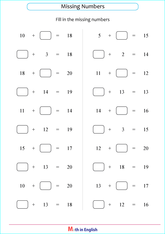 missing addition numbers worksheet