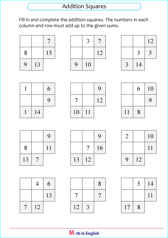 addition boxes with sums up to 20