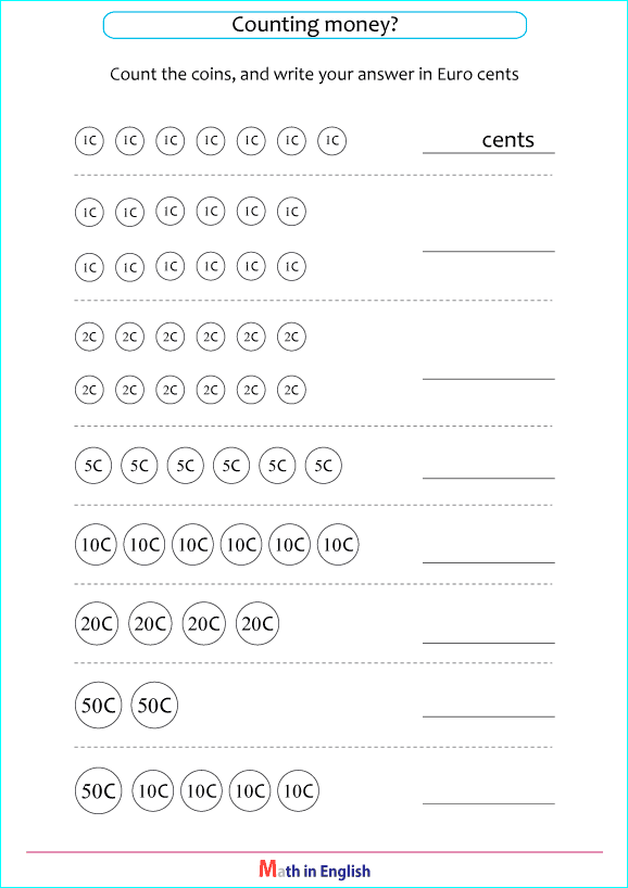 counting Euro cents and coins worksheet