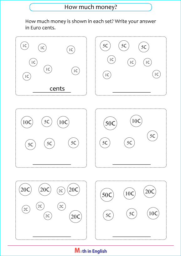 US Dollar cent worksheets