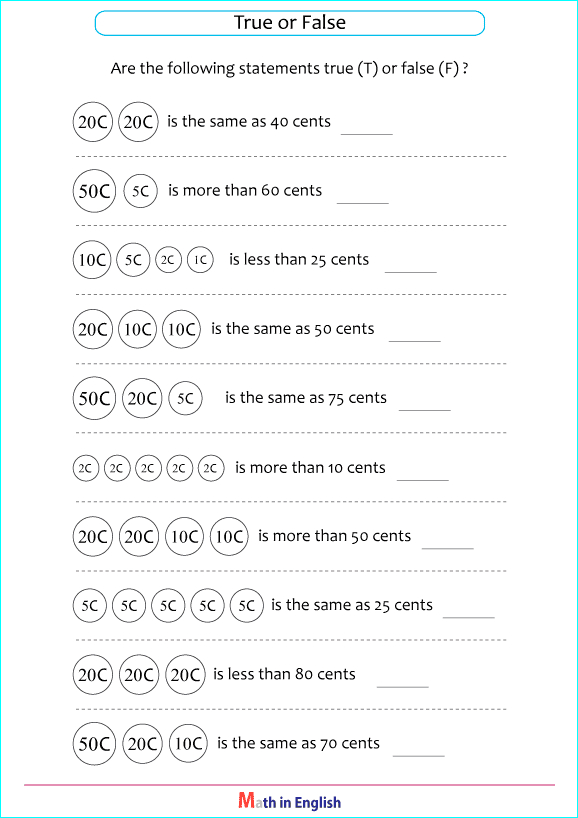 count Euro cents math money worksheet