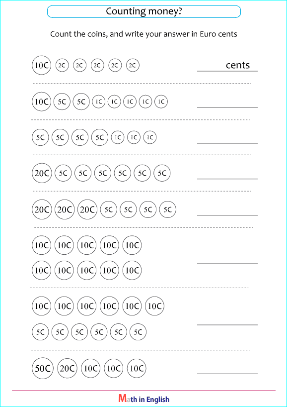 counting Euro cents and coins worksheet
